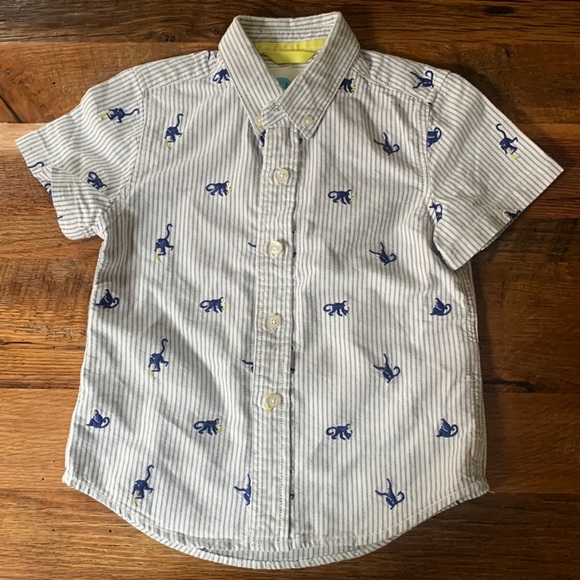 4-5 Mini Boden Blue Striped Monkey Button Down Shirt - Picture 1 of 11